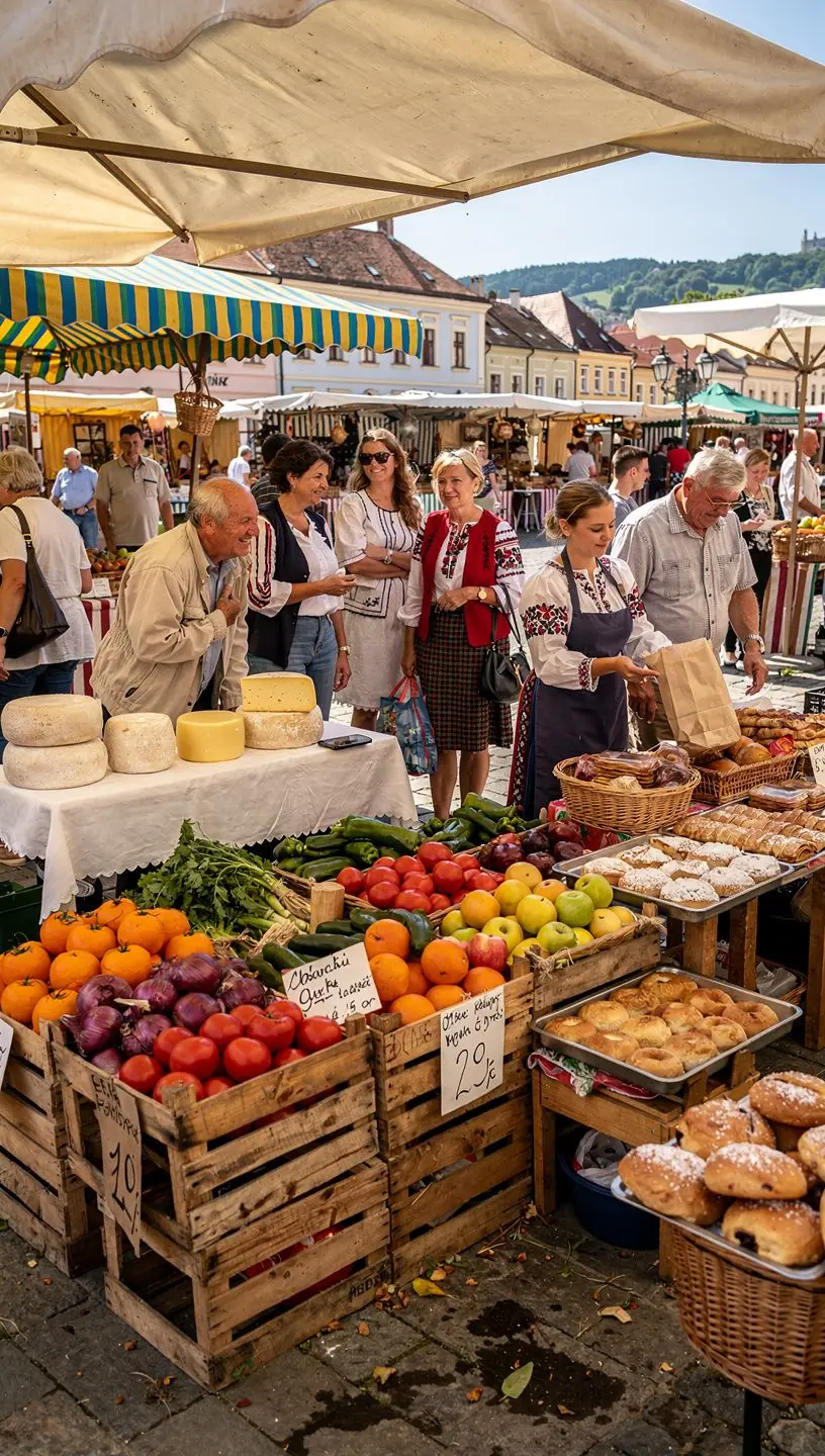A cozy café in a charming Slovak village with outdoor seating and locals enjoying their afternoon coffee.